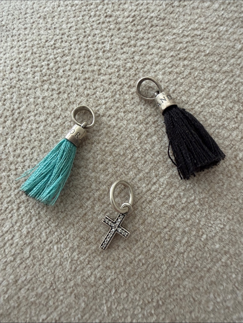 Pandora Silver Cross Charm with Black and Teal Tassels